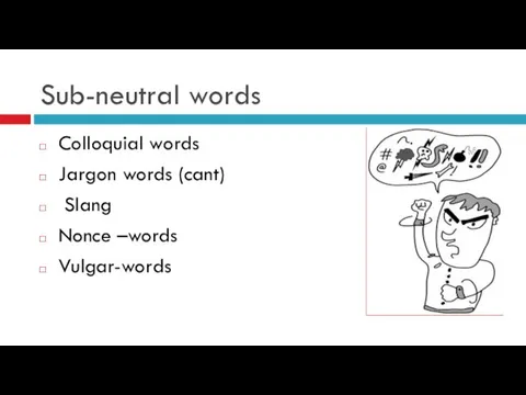 Sub-neutral words Colloquial words Jargon words (cant) Slang Nonce –words Vulgar-words