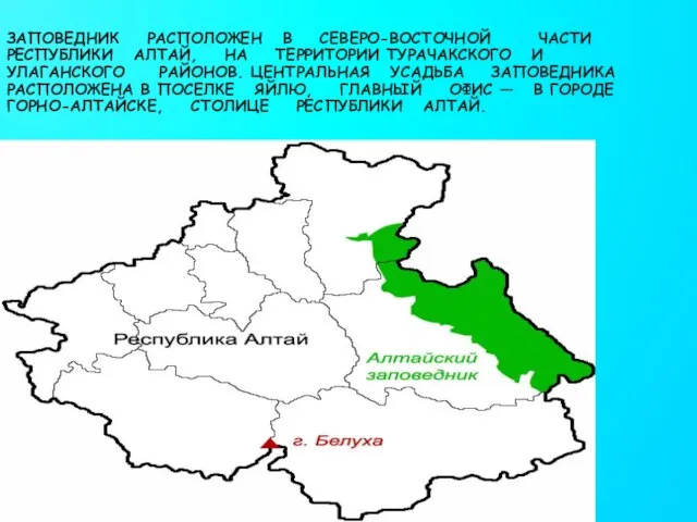 ЗАПОВЕДНИК РАСПОЛОЖЕН В СЕВЕРО-ВОСТОЧНОЙ ЧАСТИ РЕСПУБЛИКИ АЛТАЙ, НА ТЕРРИТОРИИ ТУРАЧАКСКОГО И