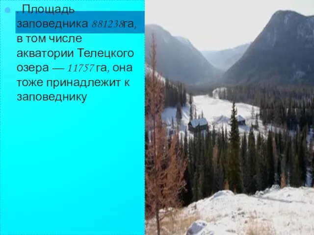 . Площадь заповедника 881238га, в том числе акватории Телецкого озера —