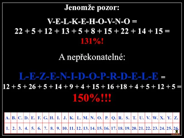 A nepřekonatelné: L-E-Z-E-N-I-D-O-P-R-D-E-L-E = 12 + 5 + 26 + 5