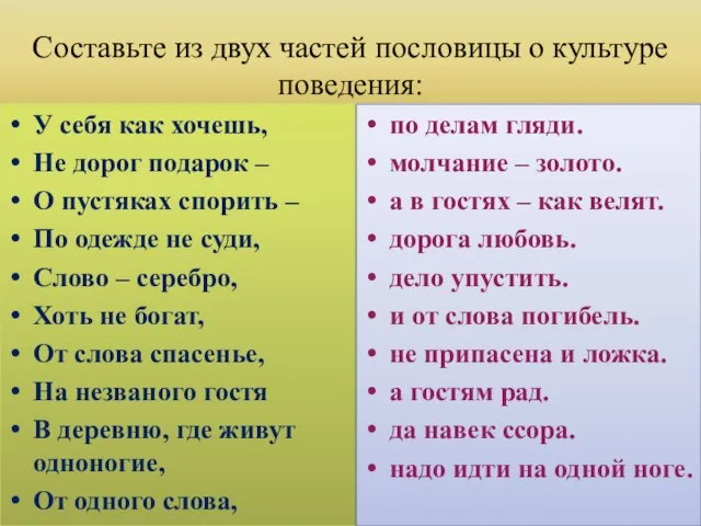 Составьте из двух частей пословицы о культуре поведения: У себя как