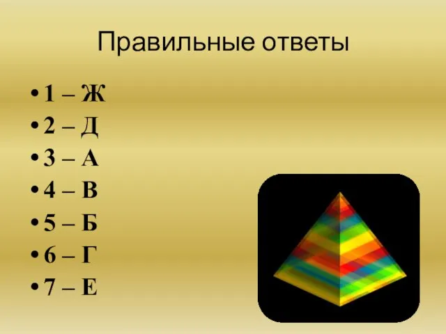 Правильные ответы 1 – Ж 2 – Д 3 – А