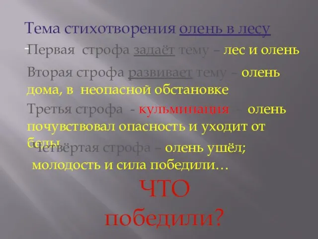 Тема стихотворения - олень в лесу Первая строфа задаёт тему –