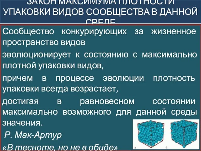 ЗАКОН МАКСИМУМА ПЛОТНОСТИ УПАКОВКИ ВИДОВ СООБЩЕСТВА В ДАННОЙ СРЕДЕ Сообщество конкурирующих