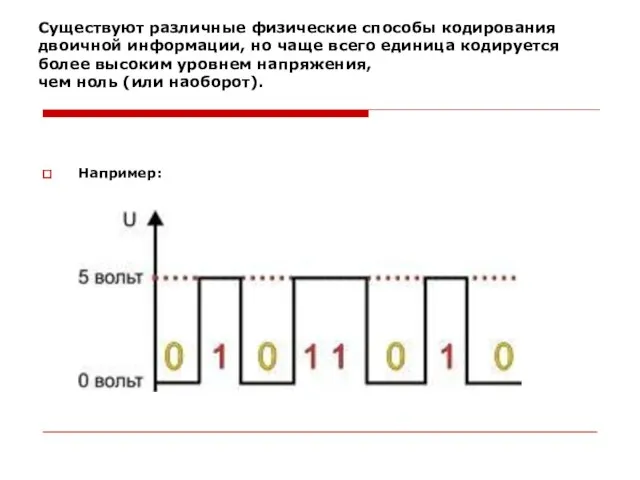 Существуют различные физические способы кодирования двоичной информации, но чаще всего единица