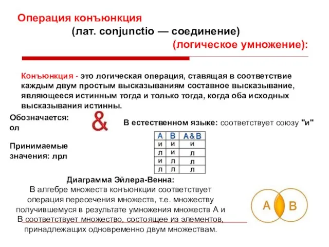 Операция конъюнкция (лат. conjunctio — соединение) (логическое умножение): Конъюнкция - это