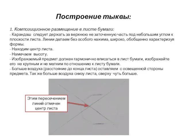 Построение тыквы: 1. Композиционное размещение в листе бумаги: - Карандаш следует