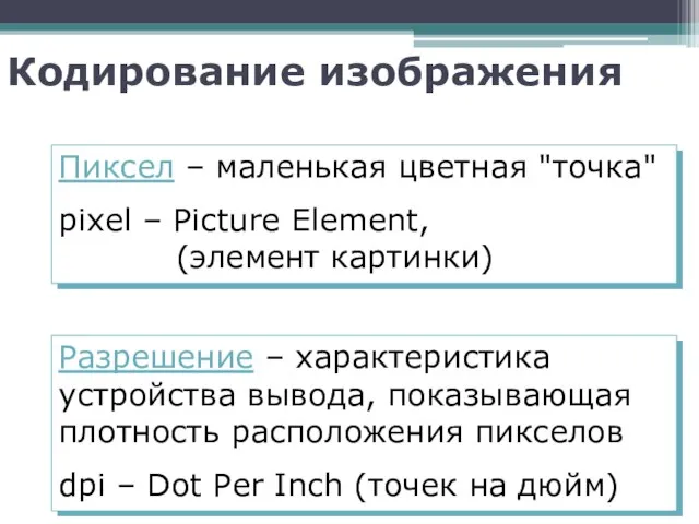 Кодирование изображения Пиксел – маленькая цветная "точка" pixel – Picture Element,