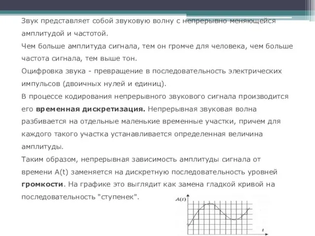 Звук представляет собой звуковую волну с непрерывно меняющейся амплитудой и частотой.