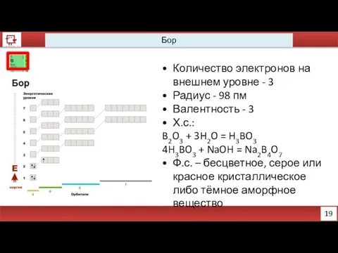 19 Бор Количество электронов на внешнем уровне - 3 Радиус -