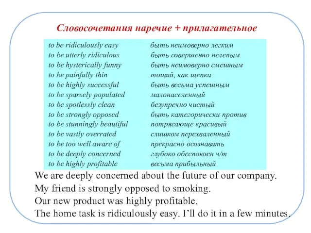 Словосочетания наречие + прилагательное We are deeply concerned about the future