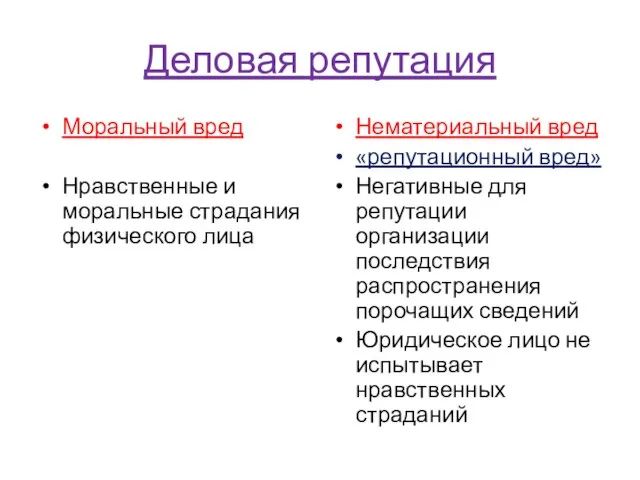 Деловая репутация Моральный вред Нравственные и моральные страдания физического лица Нематериальный