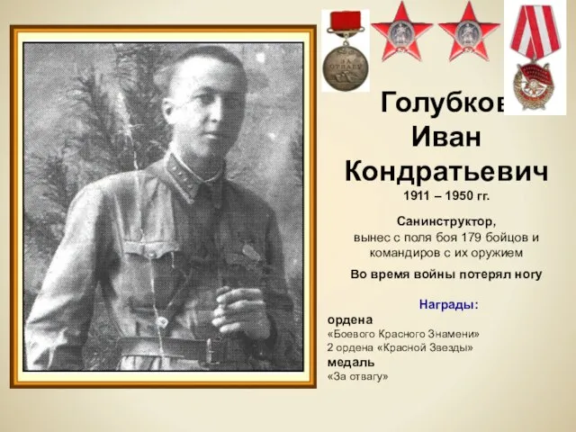 Голубков Иван Кондратьевич 1911 – 1950 гг. Санинструктор, вынес с поля