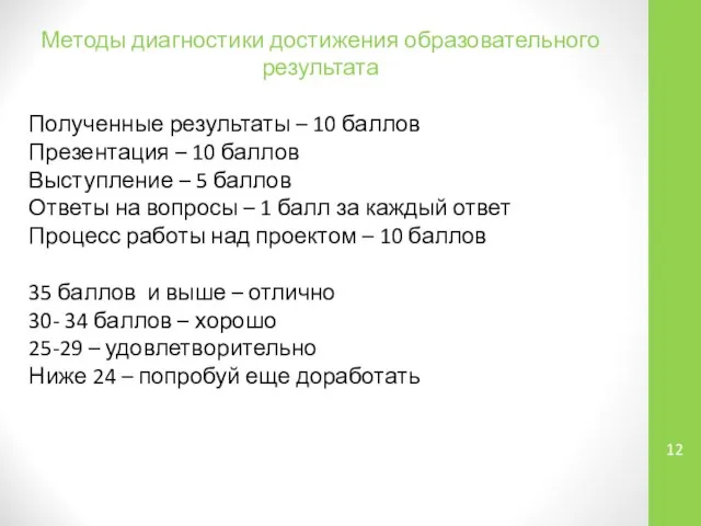 Методы диагностики достижения образовательного результата Полученные результаты – 10 баллов Презентация