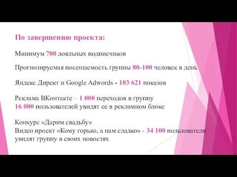 Минимум 700 лояльных подписчиков Прогнозируемая посещаемость группы 80-100 человек в день