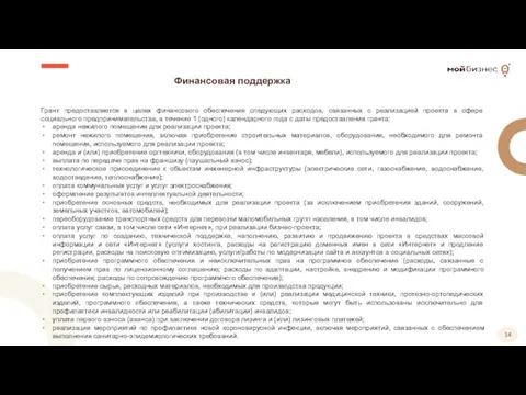 Финансовая поддержка Грант предоставляется в целях финансового обеспечения следующих расходов, связанных