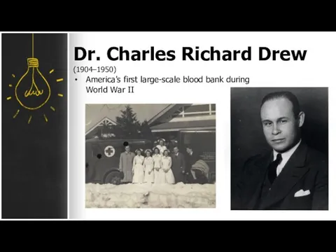 Dr. Charles Richard Drew (1904–1950) America's first large-scale blood bank during World War II