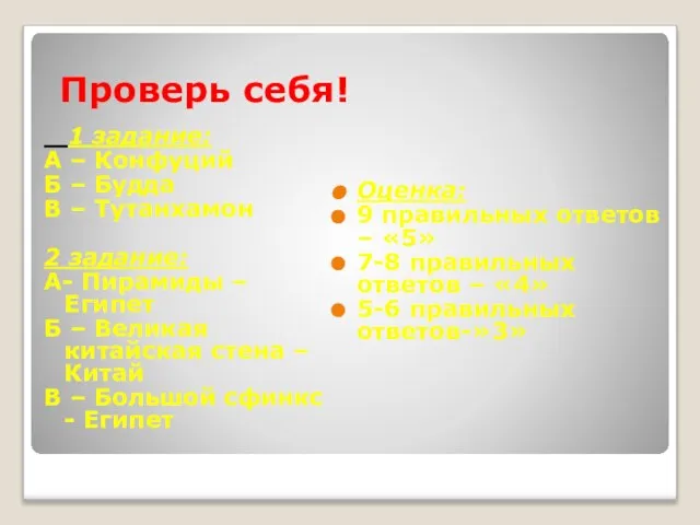 Проверь себя! 1 задание: А – Конфуций Б – Будда В