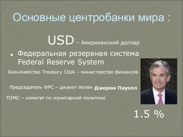 USD – Американский доллар Федеральная резервная система Federal Reserve System Основные