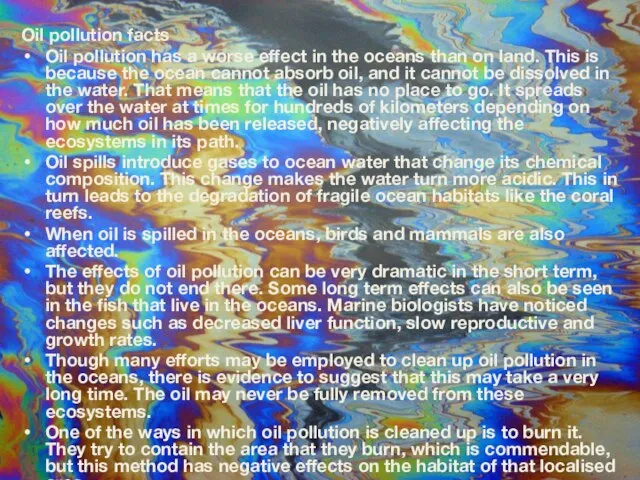 Oil pollution facts Oil pollution has a worse effect in the