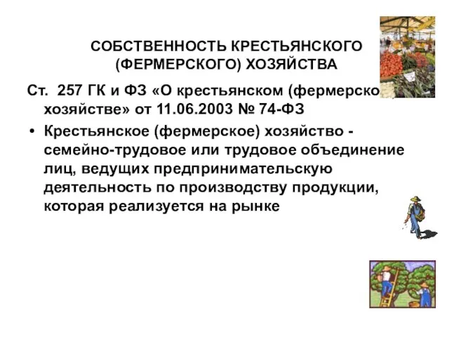 СОБСТВЕННОСТЬ КРЕСТЬЯНСКОГО (ФЕРМЕРСКОГО) ХОЗЯЙСТВА Ст. 257 ГК и ФЗ «О крестьянском