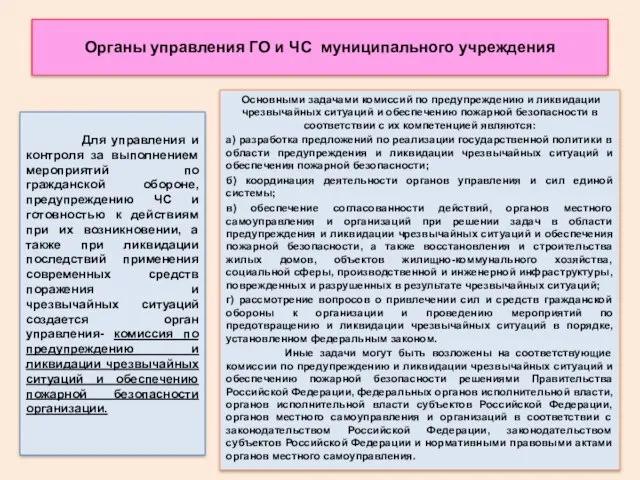 Органы управления ГО и ЧС муниципального учреждения Для управления и контроля