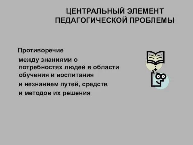 ЦЕНТРАЛЬНЫЙ ЭЛЕМЕНТ ПЕДАГОГИЧЕСКОЙ ПРОБЛЕМЫ Противоречие между знаниями о потребностях людей в