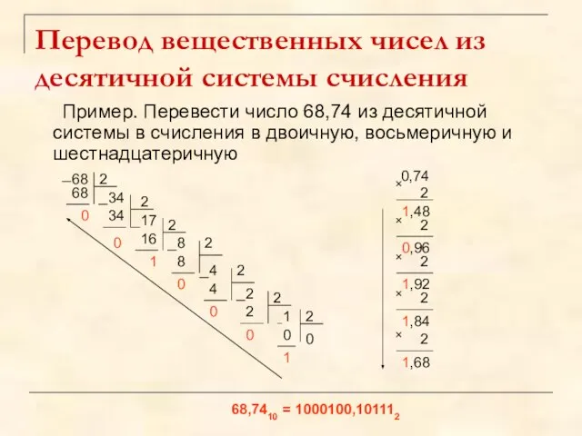 Перевод вещественных чисел из десятичной системы счисления Пример. Перевести число 68,74