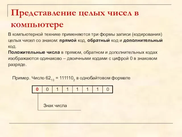 Представление целых чисел в компьютере Пример. Число 6210 = 1111102 в