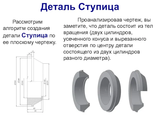Рассмотрим алгоритм создания детали Ступица по ее плоскому чертежу. Деталь Ступица
