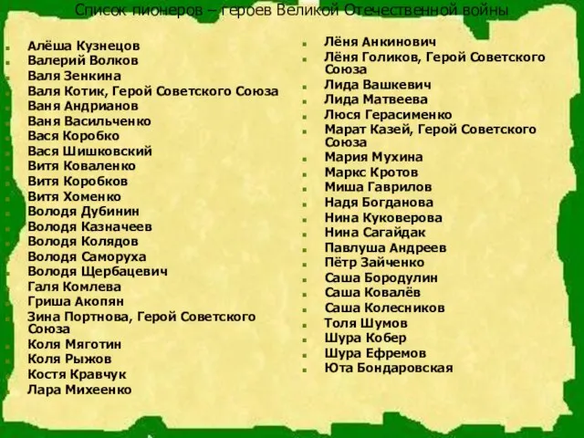 Список пионеров – героев Великой Отечественной войны Алёша Кузнецов Валерий Волков