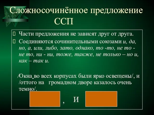 Сложносочинённое предложение ССП Части предложения не зависят друг от друга. Соединяются