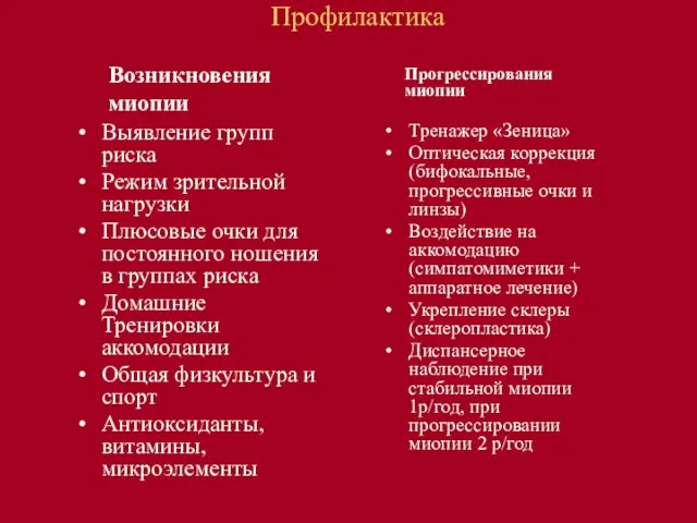 Профилактика Возникновения миопии Прогрессирования миопии Выявление групп риска Режим зрительной нагрузки