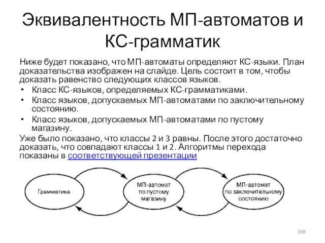 Эквивалентность МП-автоматов и КС-грамматик Ниже будет показано, что МП-автоматы определяют КС-языки.