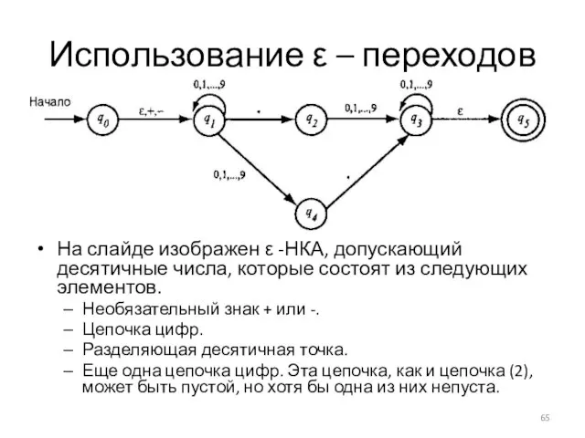Использование ε – переходов На слайде изображен ε -НКА, допускающий десятичные