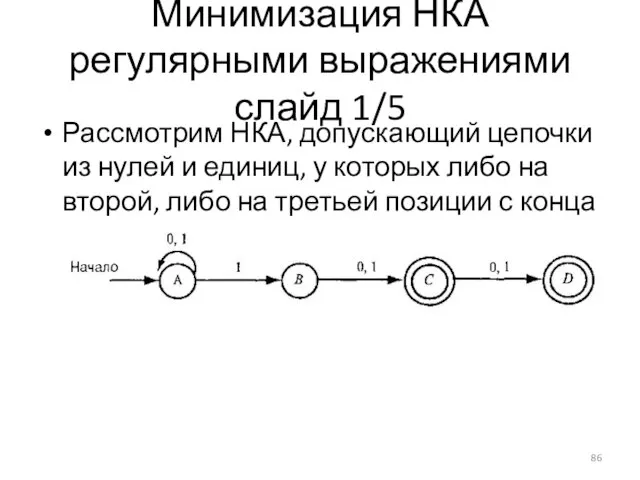 Минимизация НКА регулярными выражениями слайд 1/5 Рассмотрим НКА, допускающий цепочки из