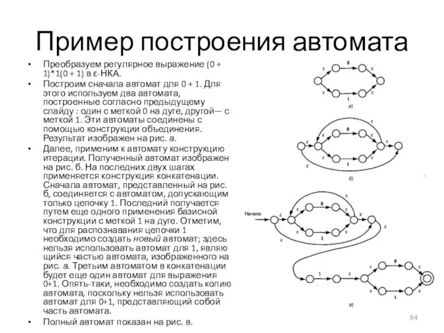 Пример построения автомата Преобразуем регулярное выражение (0 + 1)*1(0 + 1)