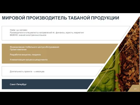 МИРОВОЙ ПРОИЗВОДИТЕЛЬ ТАБАНОЙ ПРОДУКЦИИ Найм 180 человек Руководители и специалисты направлений