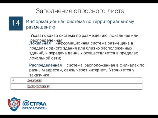 Заполнение опросного листа Локальная – информационная система размещена в пределах одного