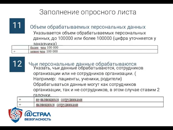 Объем обрабатываемых персональных данных Заполнение опросного листа 11 Указывается объем обрабатываемых