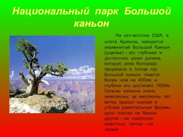 Национальный парк Большой каньон На юго-востоке США, в штате Аризона, находится