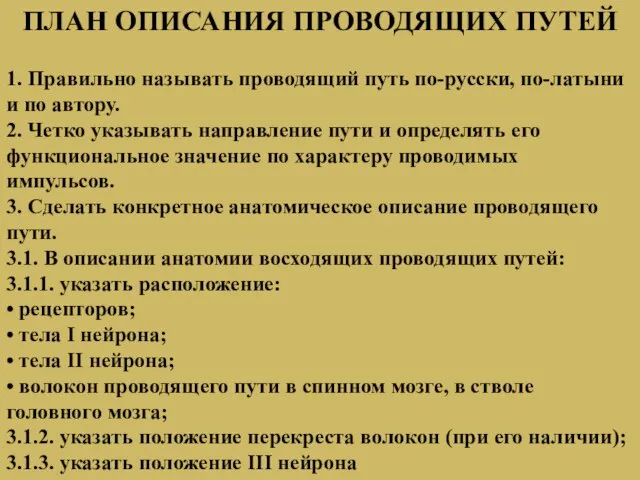 ПЛАН ОПИСАНИЯ ПРОВОДЯЩИХ ПУТЕЙ 1. Правильно называть проводящий путь по-русски, по-латыни