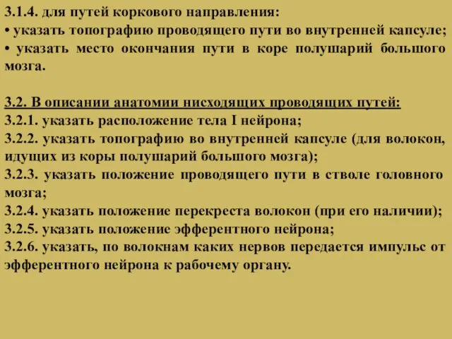 3.1.4. для путей коркового направления: • указать топографию проводящего пути во