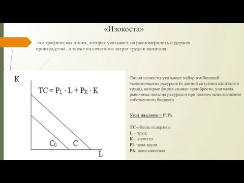 «Изокоста» -это графическая линия, которая указывает на равномерность издержек производства ,