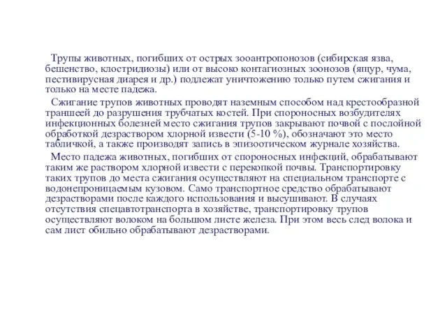 Трупы животных, погибших от острых зооантропонозов (сибирская язва, бешенство, клостридиозы) или