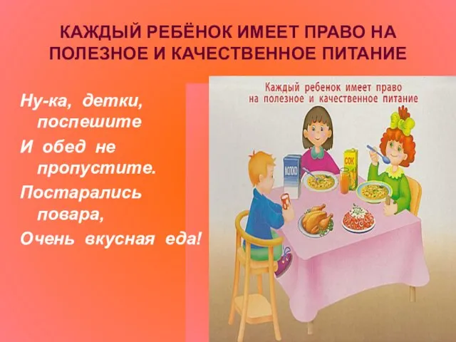 КАЖДЫЙ РЕБЁНОК ИМЕЕТ ПРАВО НА ПОЛЕЗНОЕ И КАЧЕСТВЕННОЕ ПИТАНИЕ Ну-ка, детки,