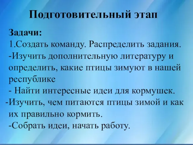 Подготовительный этап Задачи: 1.Создать команду. Распределить задания. -Изучить дополнительную литературу и