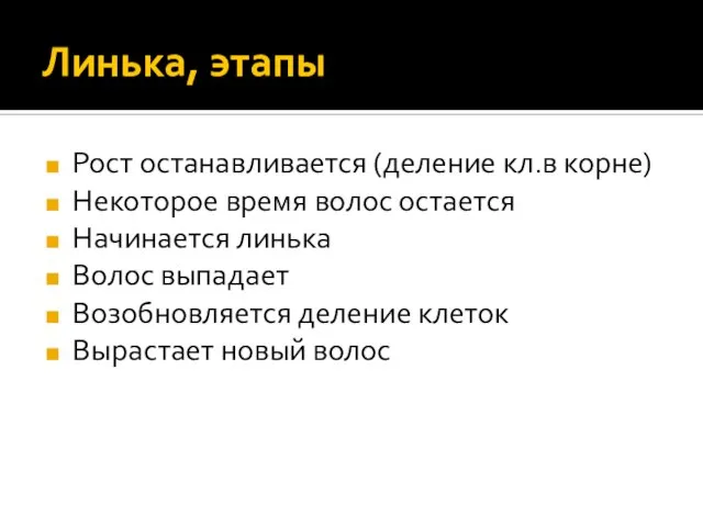 Линька, этапы Рост останавливается (деление кл.в корне) Некоторое время волос остается