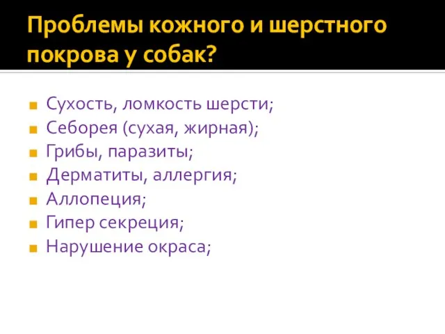 Проблемы кожного и шерстного покрова у собак? Сухость, ломкость шерсти; Себорея