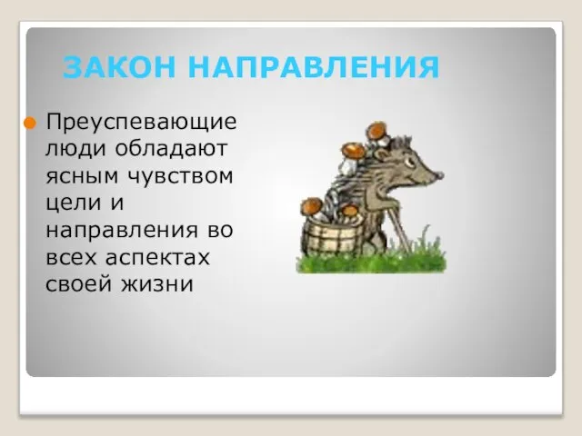 ЗАКОН НАПРАВЛЕНИЯ Преуспевающие люди обладают ясным чувством цели и направления во всех аспектах своей жизни